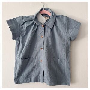 NWT Birinit knitting memories short sleeve linen blend button down shirt blue